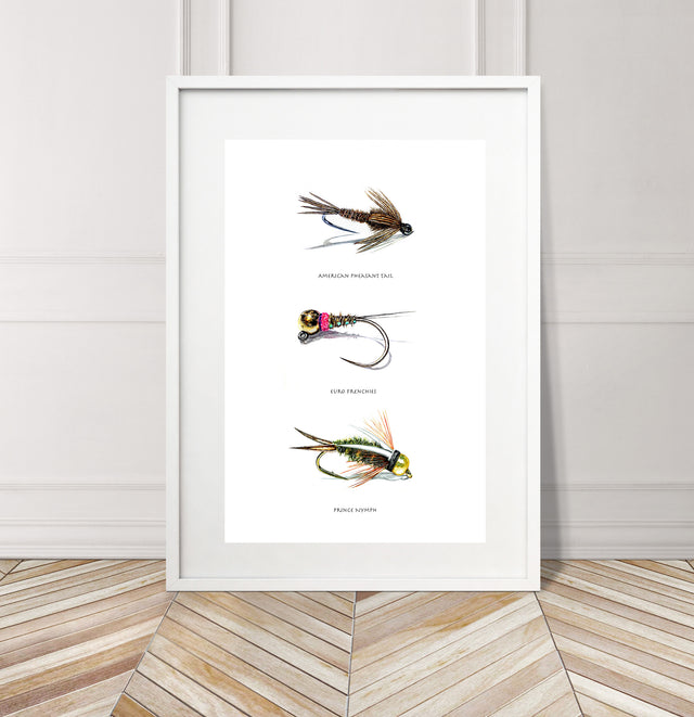 Limited Edition Fine Art Print: Art of Fly Tying, Collection 6 - American Pheasant Tail, Euro Frenchies, Prince Nymph