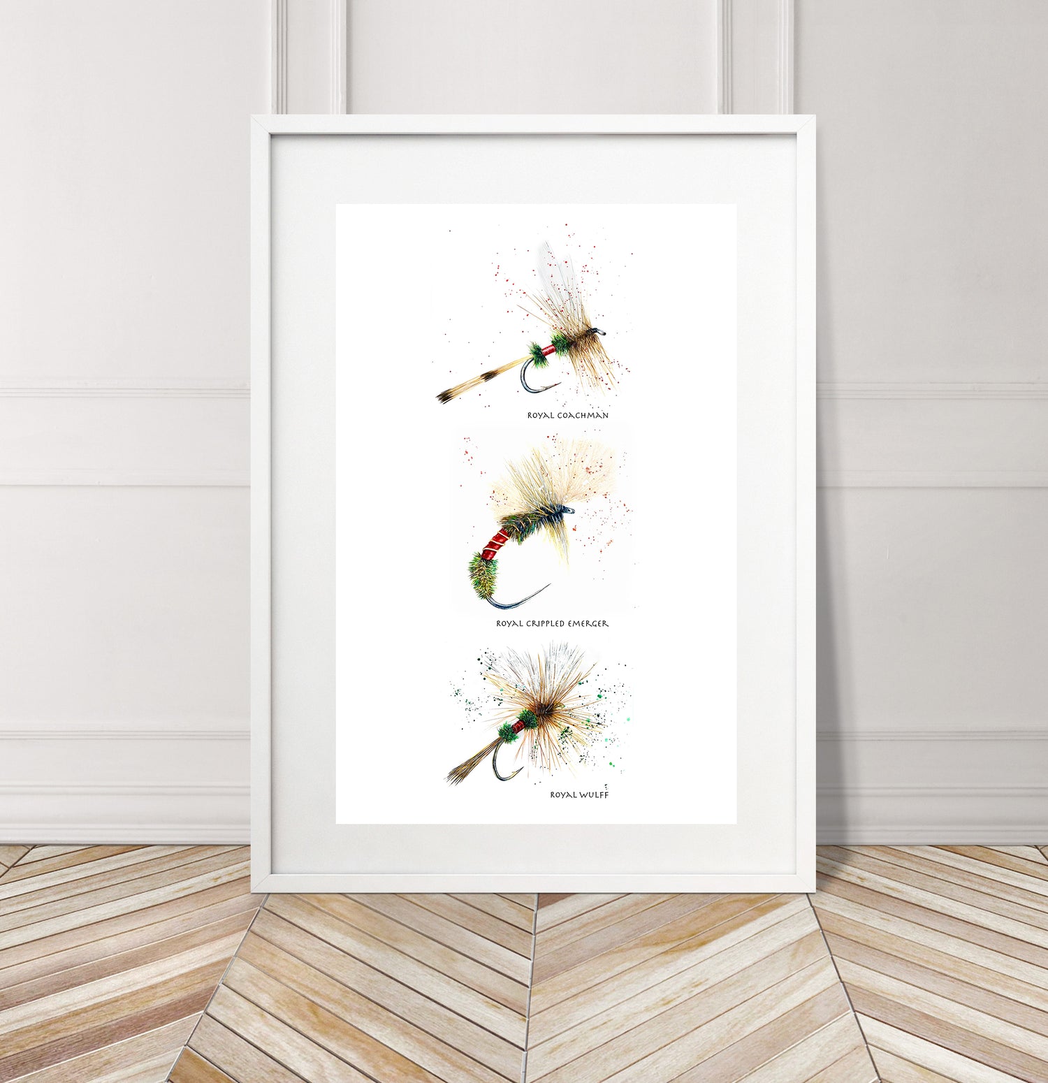 Limited Edition Fine Art Print: Art of Fly Tying, Collection 3 - Royals: Royal Cochman, Royal Crippled Emerger, Royal Wulff