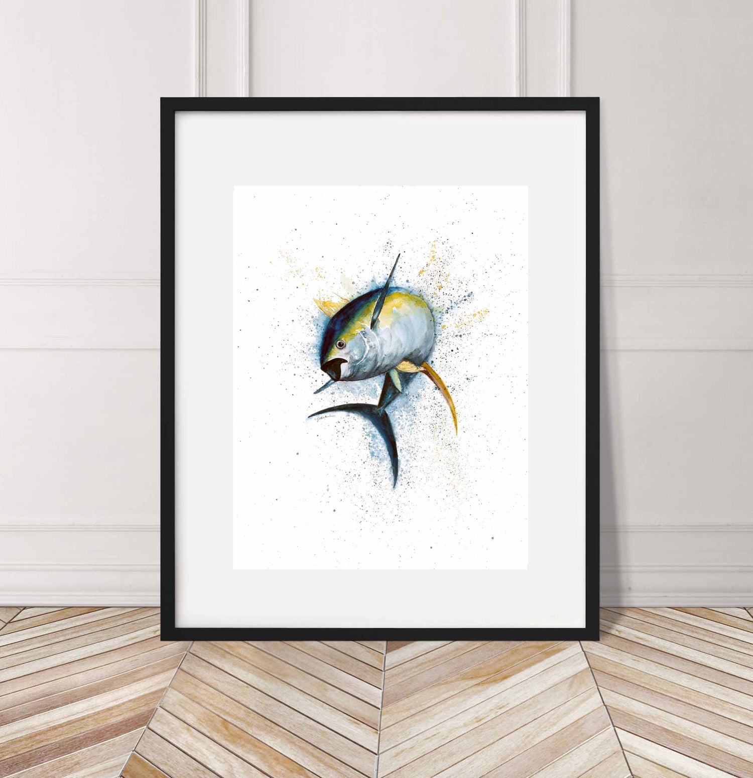 Yellow Fin Tuna, jumping out of water, Watercolor Painting Giclée Fine Art Print